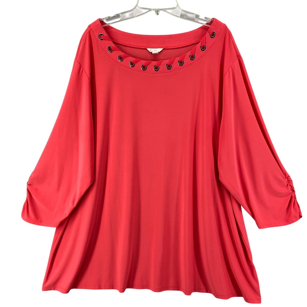 CATO‎ EST 1946 Shirt Sz 26W 28W Coral Lace Up Neck 3/4 Sleeve Tunic